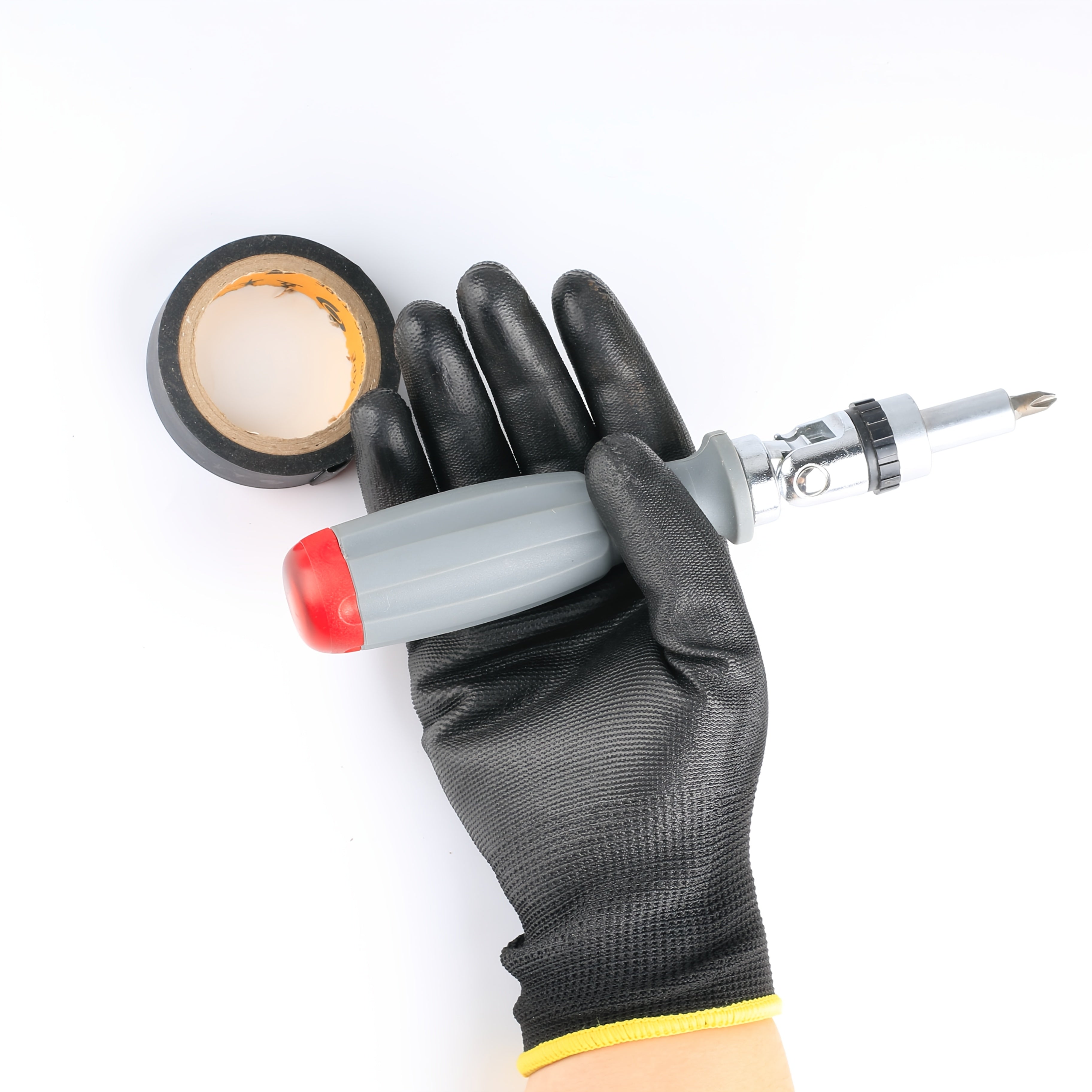 8 прочных черных рабочих перчаток с нескользящей, устойчивой к разрывам ладонью из покрытого PU материала для садоводства, строительства и деревообработки