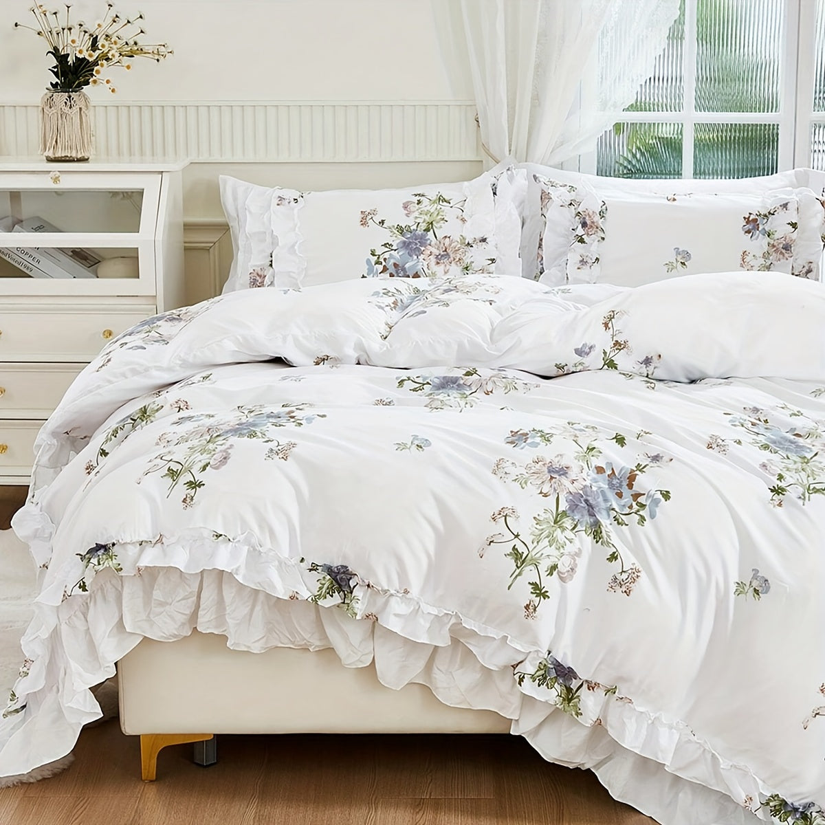 3-Piece Floral Quilt Cover Set with Pillowcases Soft Washable Pleated Bedding for Bedroom Dorm Hotel