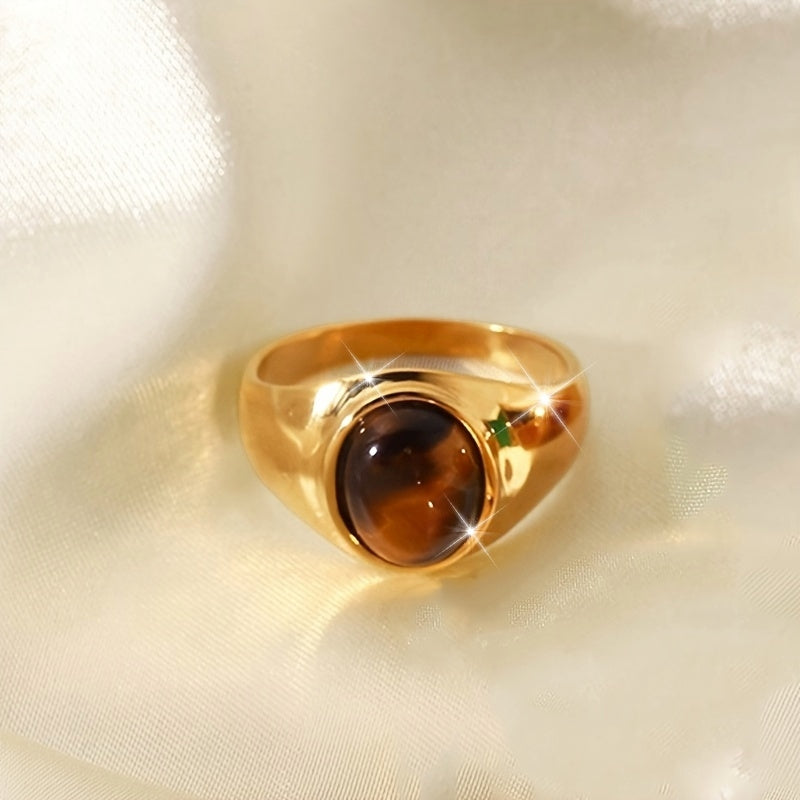 Vintage Gold Wide Ring with Brown Glass Oval Accent for Formal and Casual Wear