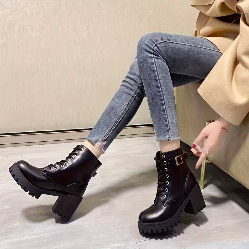 Women's Ankle Boots Black PU Platform Lace-Up High Heels Durable Sole