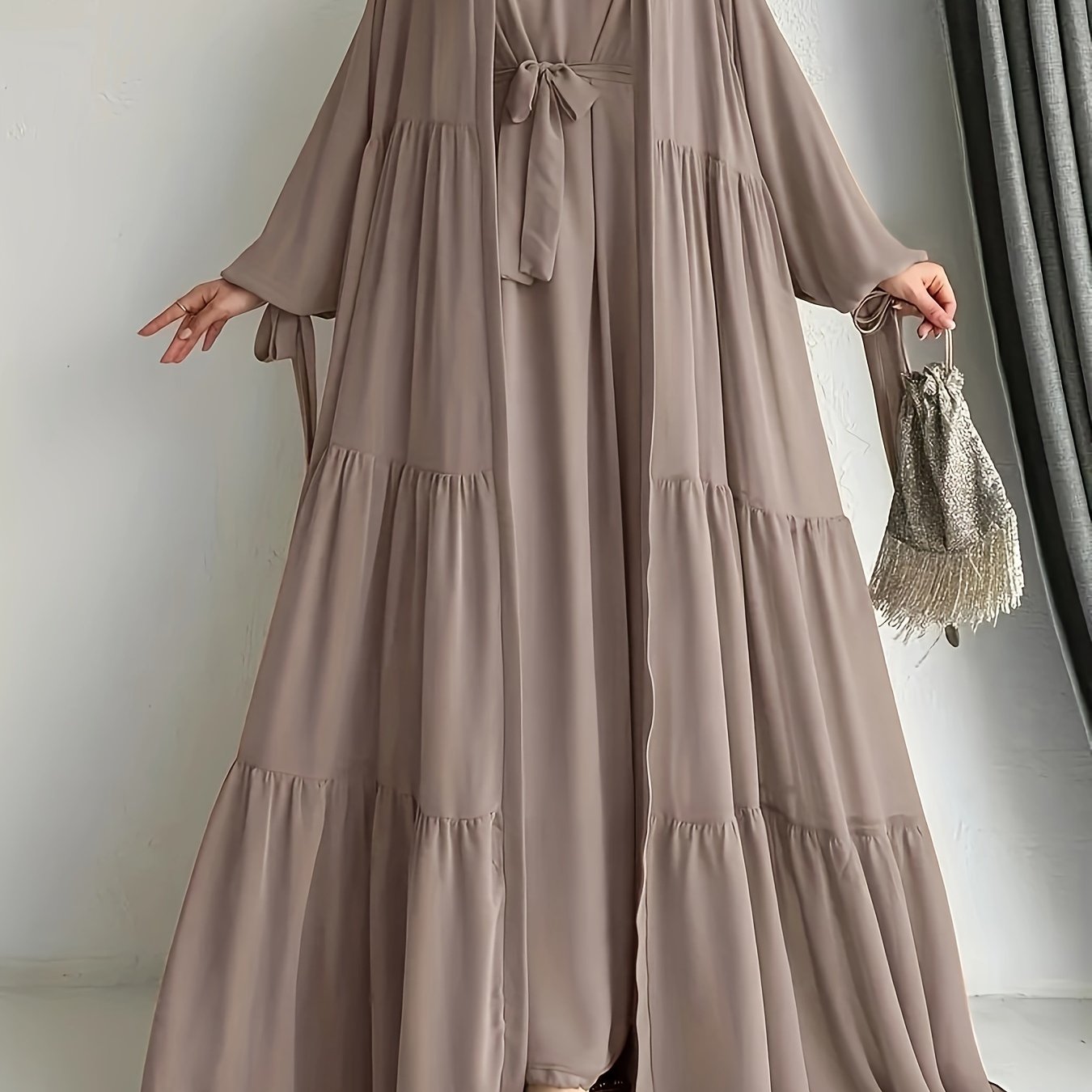 Middle Eastern Abaya Set with Chiffon Robe and Belt Long Sleeve Lantern Ruffle Hem Solid