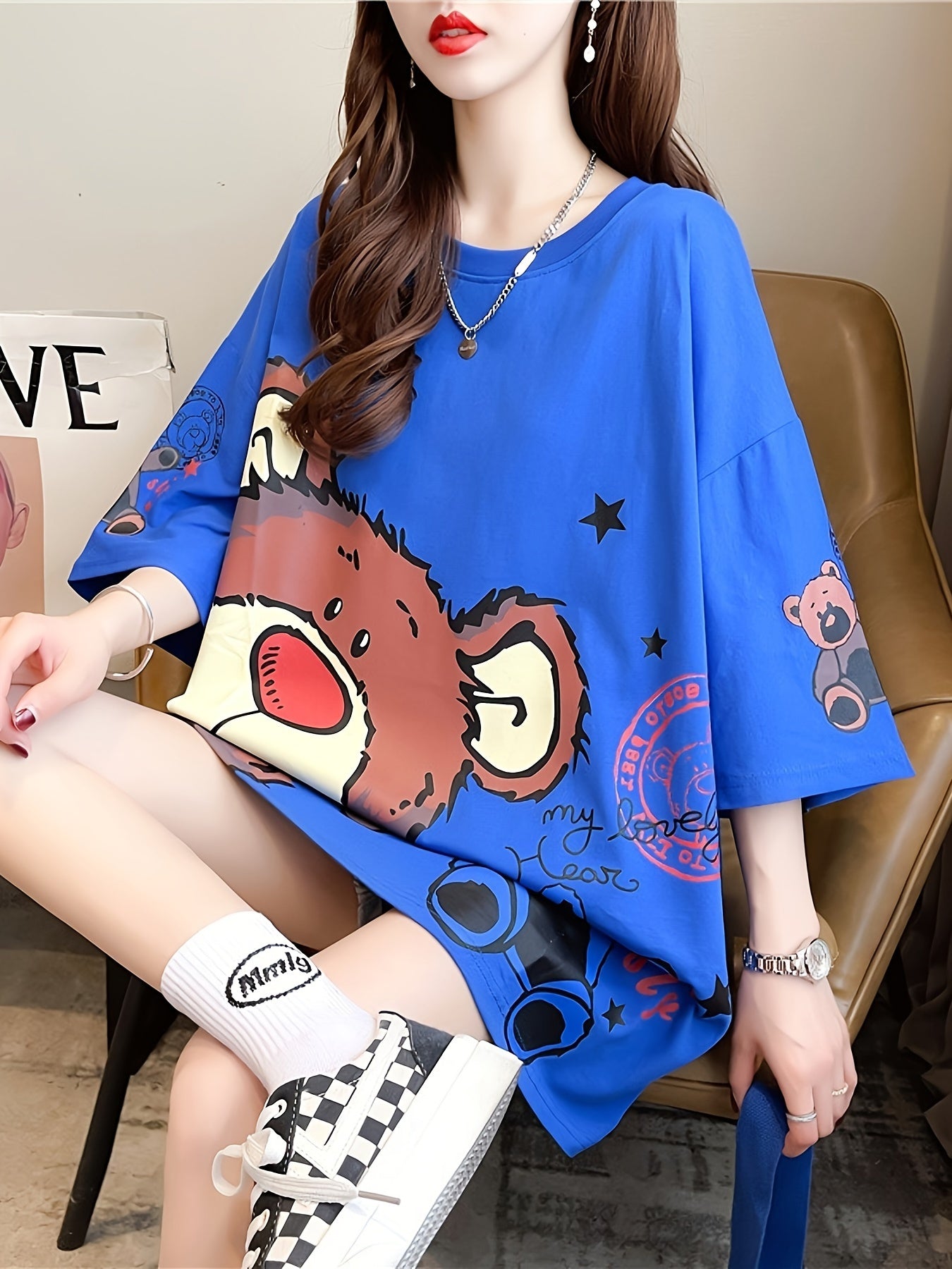 Plus Size Women's Casual T-Shirt with Cartoon Bear Print Polyester Blend Short Sleeve Spring Summer