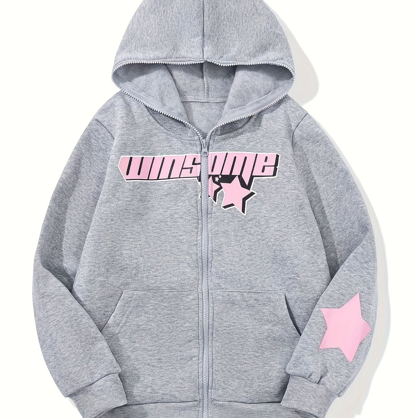 Спортивная толстовка с флисовой подкладкой для девочек-подростков с милым принтом звезд и букв, идеально подходит для повседневной носки на улице.