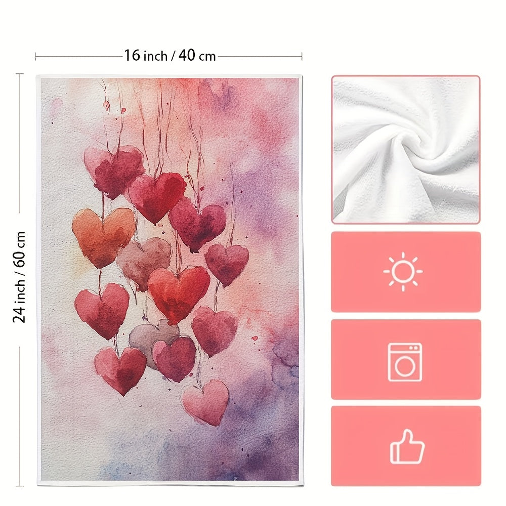 Set of 2 Soft Kitchen Towels with Heart and Balloon Design, Absorbent, 16x24 Inches