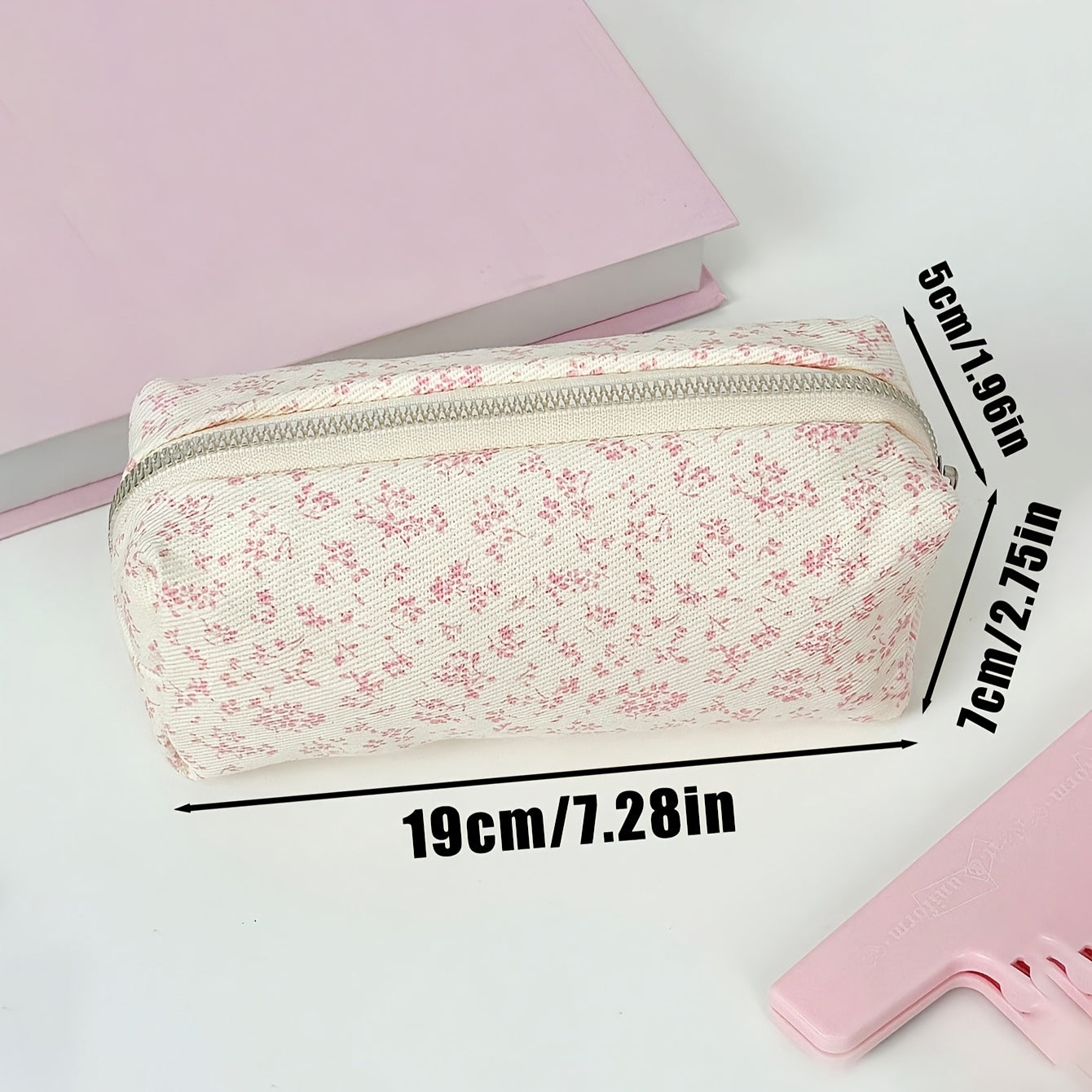 Canvas Floral Print Pencil Case with Zipper for Students and Office Organization