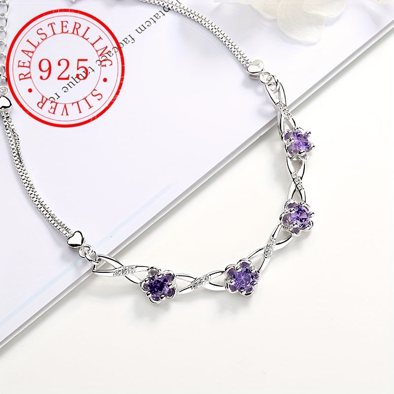 Silver Bracelet with Peach Blossom Design and Purple Zirconia for Women
