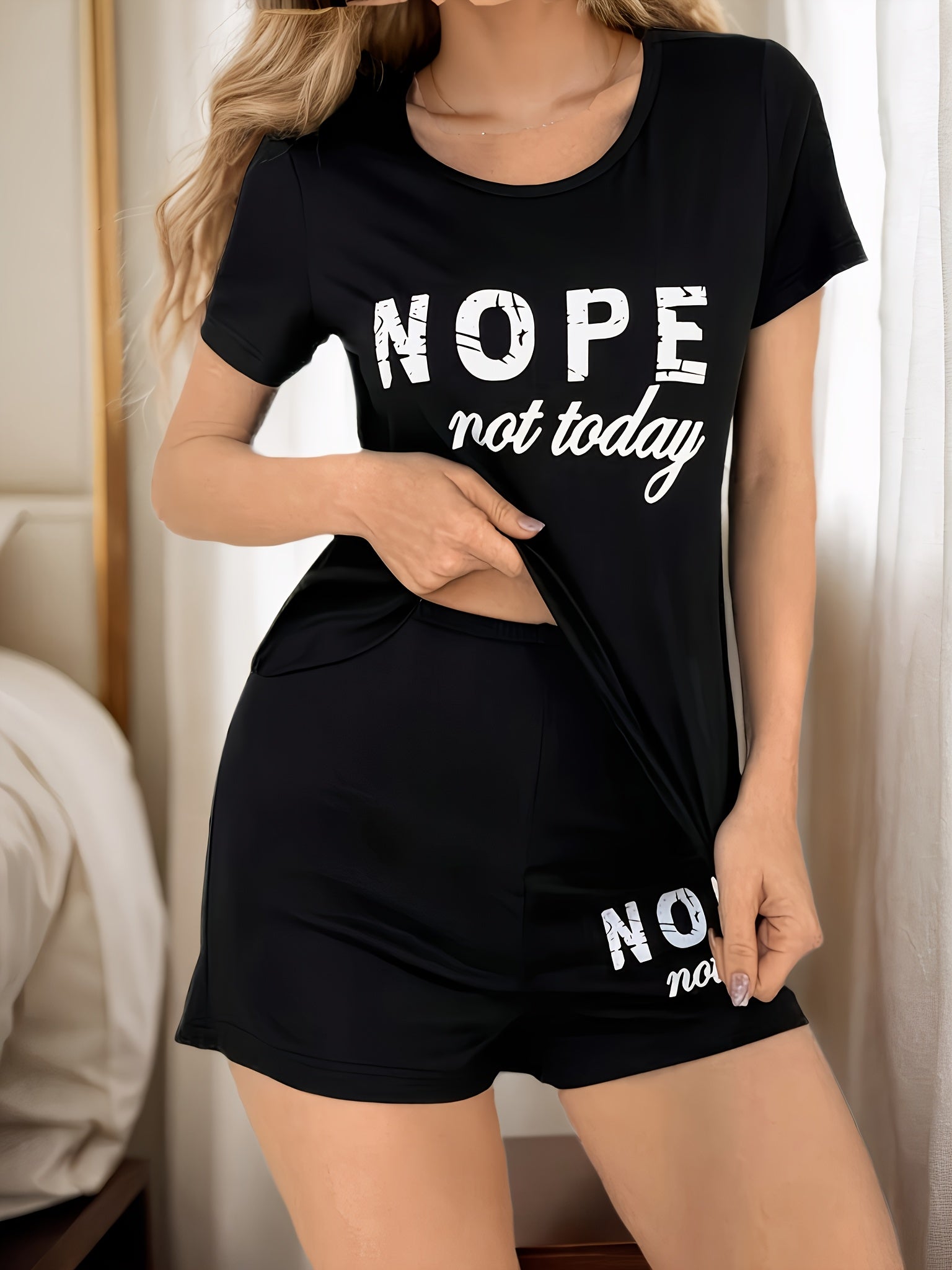 Valentine's Day Pajama Set with "NOPE Not Today" Letter Print Crew Neck Knit Fabric All-Season Comfort
