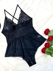 Body de encaje de malla para mujer talla plus con abertura en entrepierna, teddy sexy, lencería