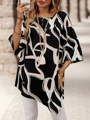 Plus o'lchamdagi ayollar bluzkasi midi bell sleeves asimmetrik hem qora oq abstrakt