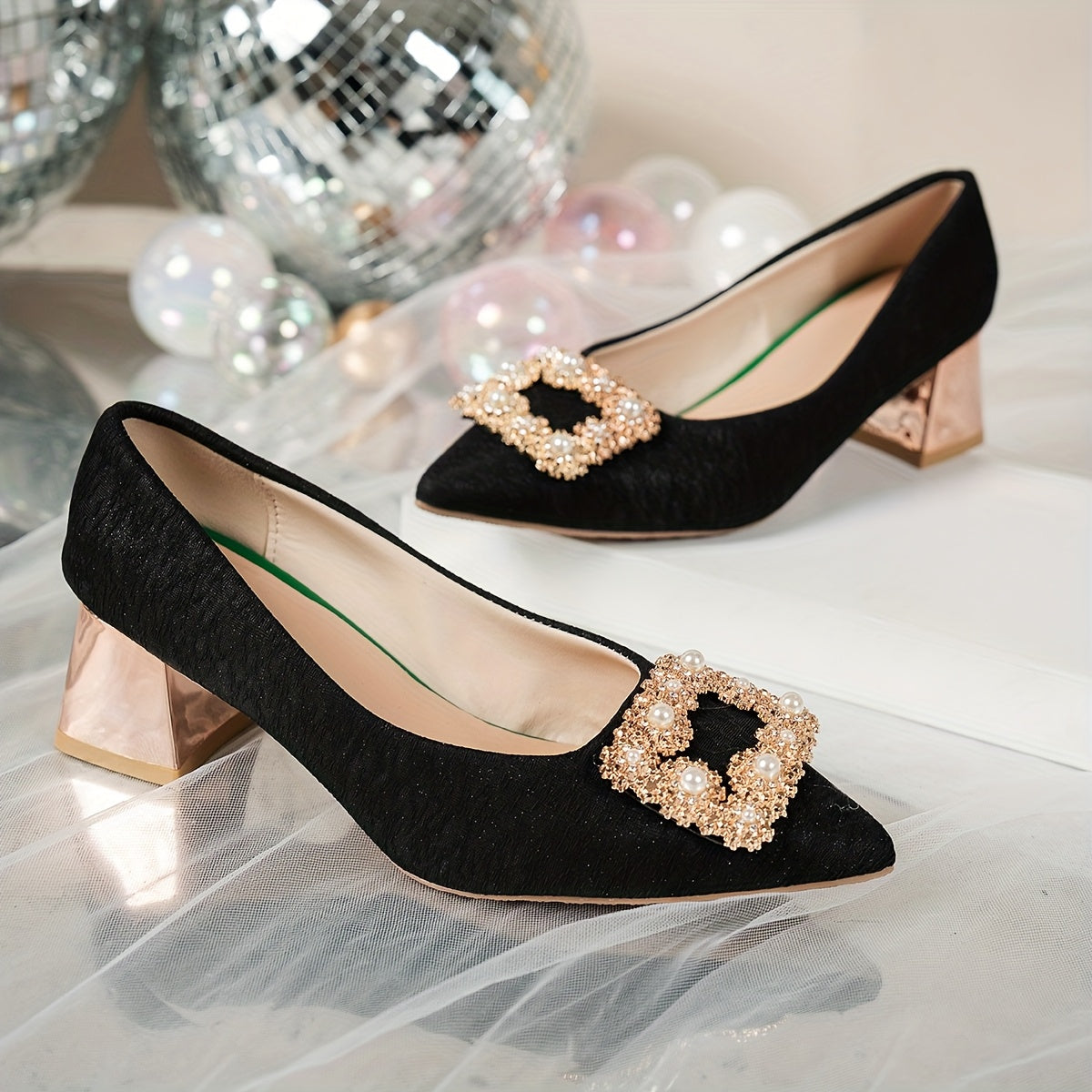 Women’s Elegant Pointed Toe Pumps with Pearl Sequin Embellishments