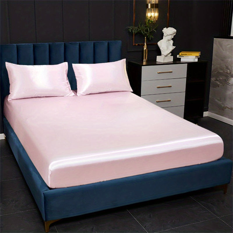 Satin Bedding Set 3 Pieces Fitted Sheet and Pillowcases Solid Color