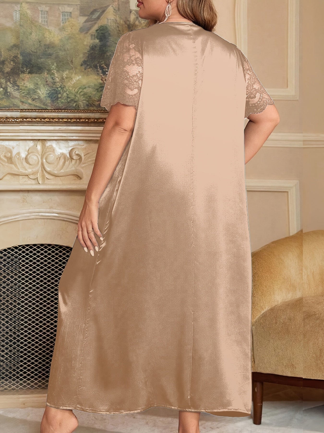 Plus Size Satin Nightgown for Women with Lace Patchwork and V-Neck