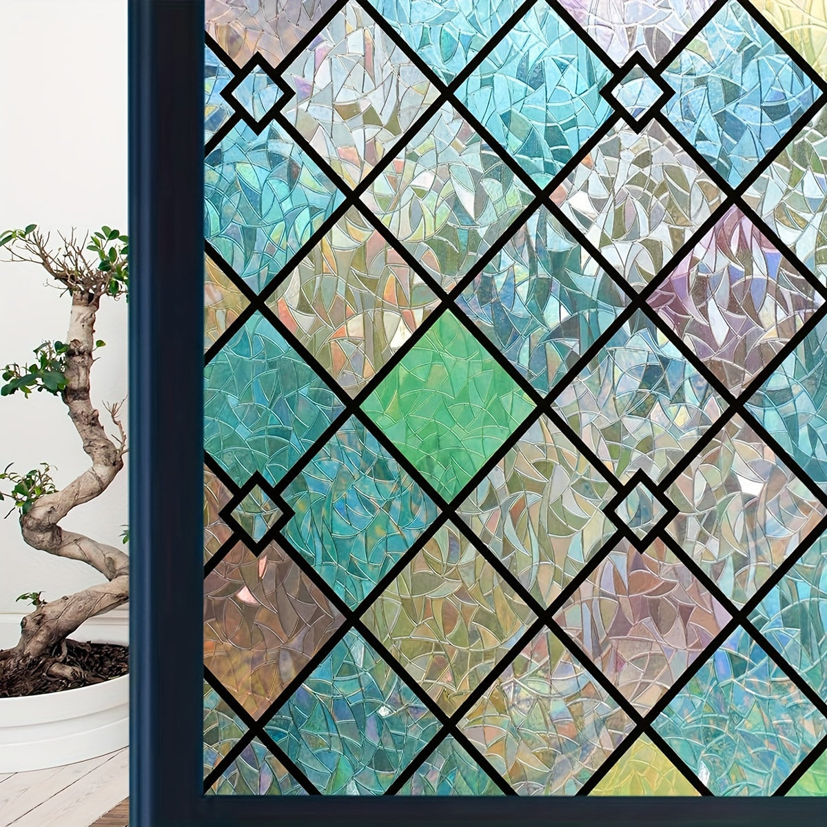 Frosted Privacy Window Film with Crescent & Diamond Pattern, Heat Control, No-Glue, Semi-Transparent, 9mil PVC