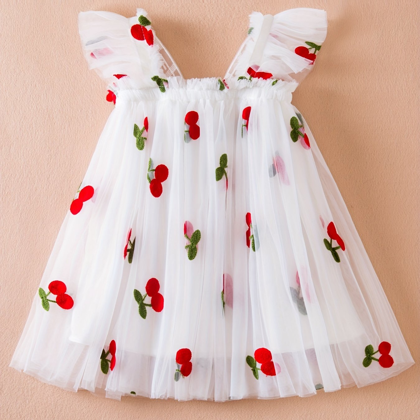 Girls Summer Dress Pink Cherry Embroidered Tulle Ruffled Sleeve Casual Lightweight Polyester
