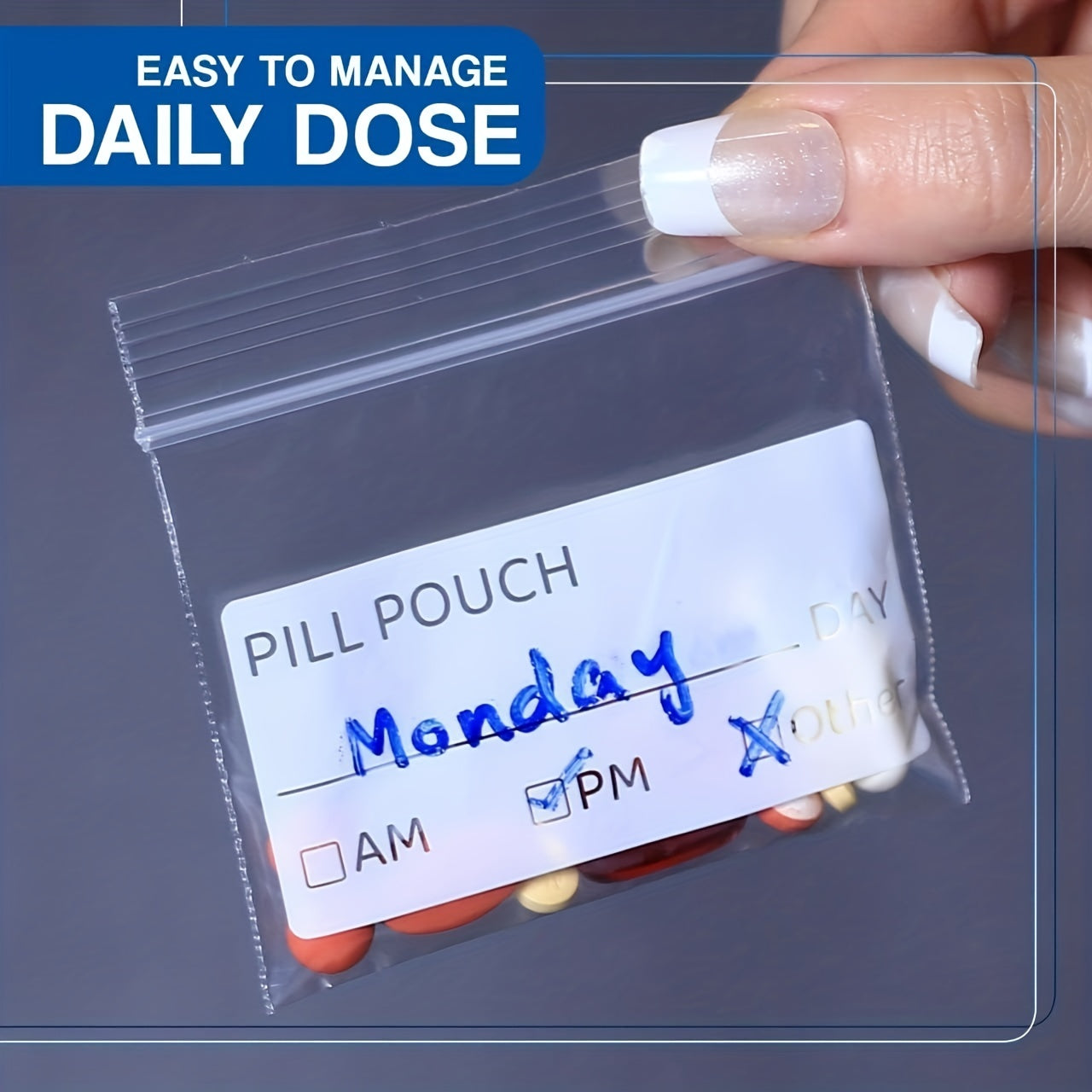 BPAsiz tabletkalarni tashkil etuvchi sumkalar, sayohat uchun mos, shaffof Ziplock, yozish uchun yorliqlar, 120-500 dona