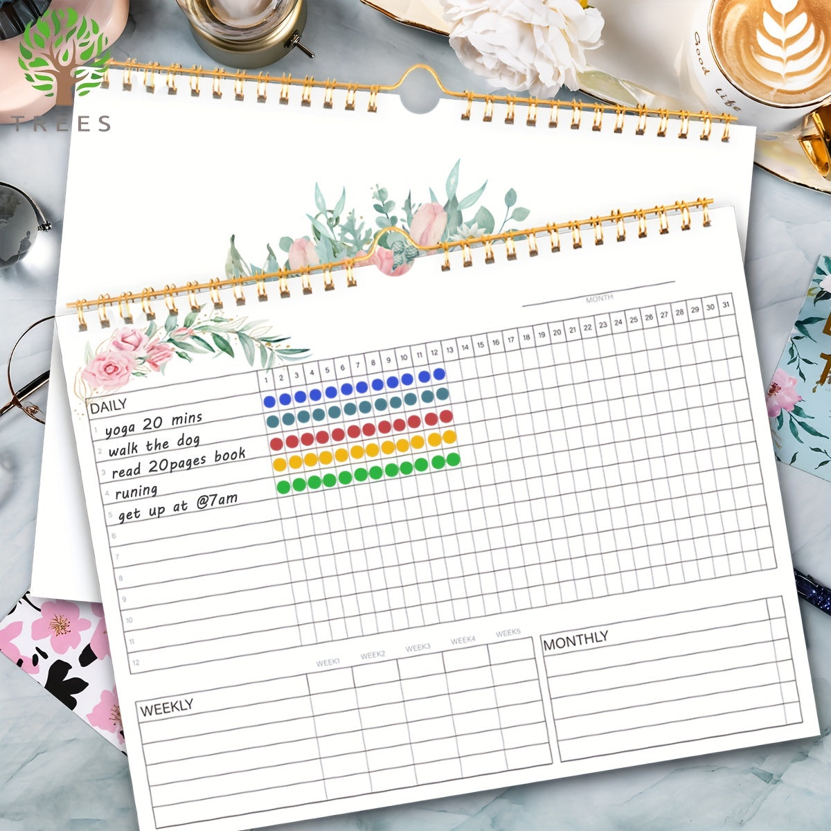 Undated Spiral Habit Tracker Planner with Plant Pages 25.4x20.32 cm 160gsm Paper