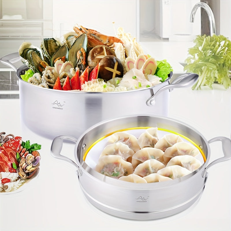 Stainless Steel Soup Pot Set with Steamer, 8L, Induction Compatible, Dishwasher Safe