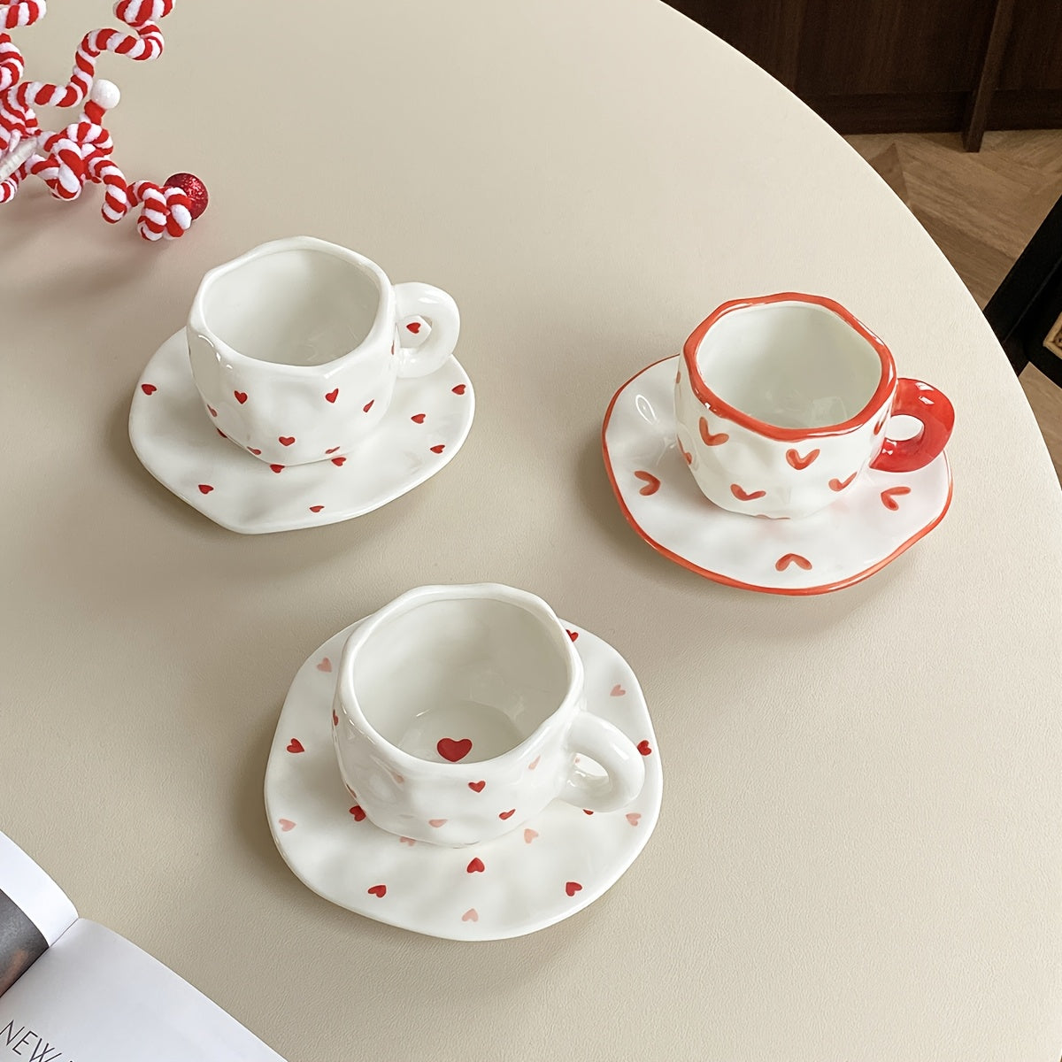 Valentine's Day Irregular Ceramic Coffee Mug and Saucer Set with Hand-Kneaded Texture