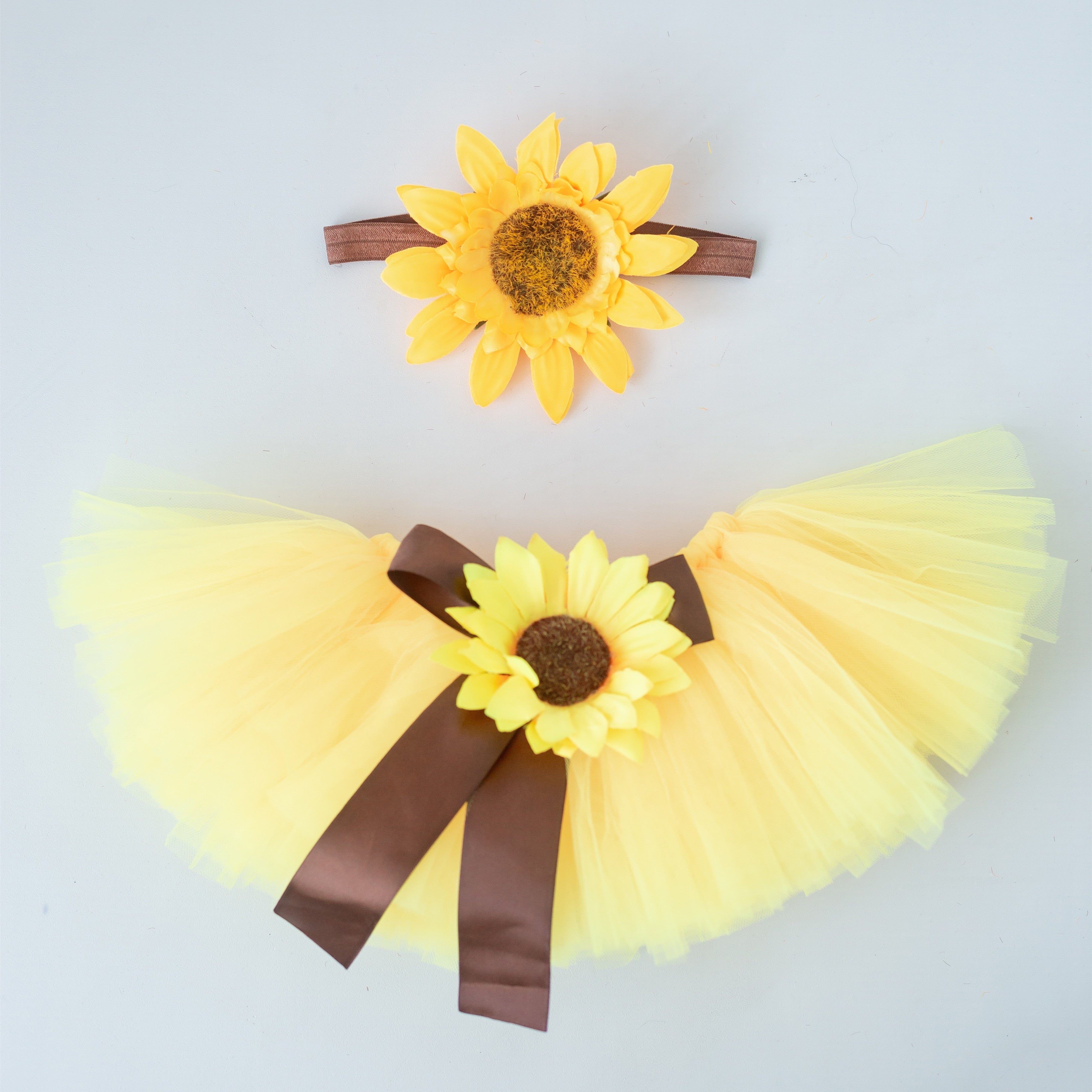 Newborn Baby Sunflower Tutu Skirt with Bow and Flower Girl Headband Photography Prop