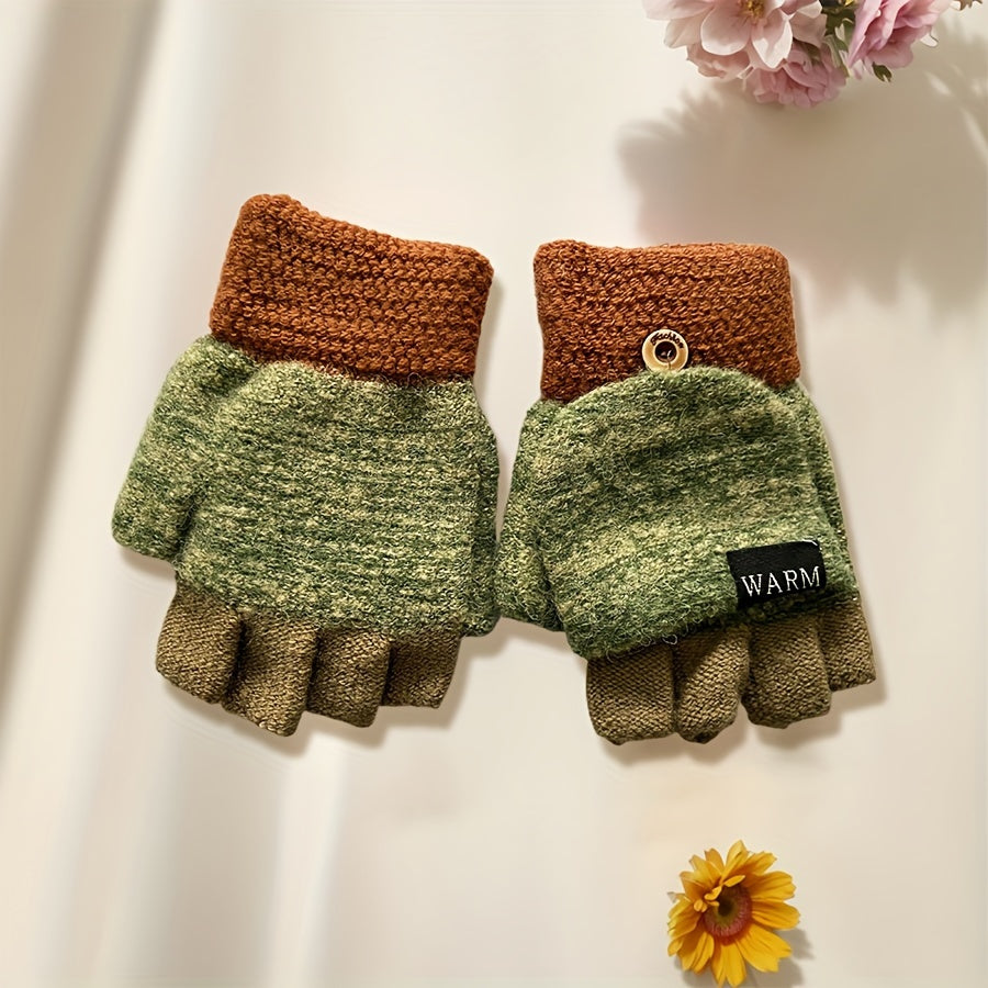 Women's Convertible Knit Gloves Windproof Cold-Resistant Cashmere Half-Finger with Flip Cover