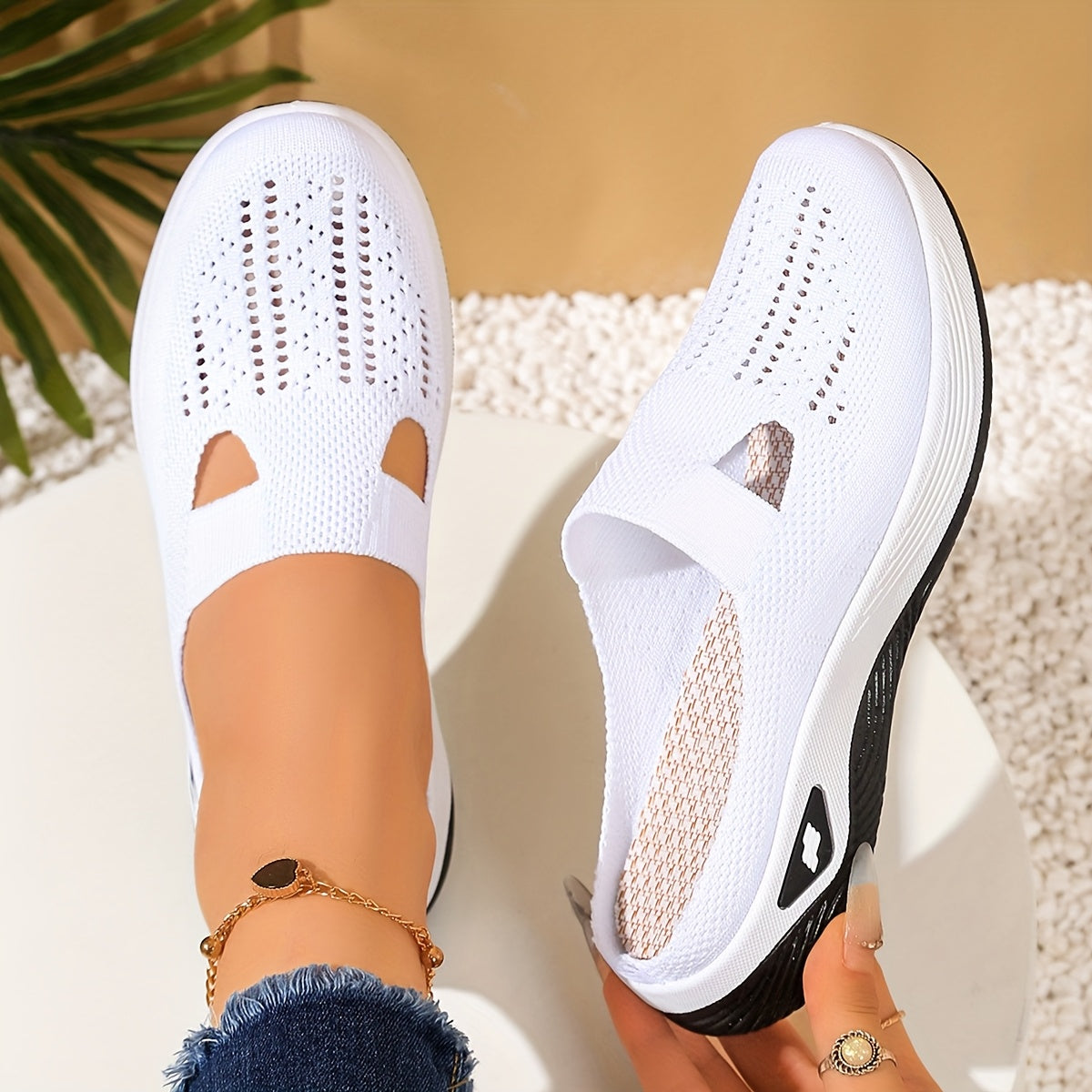Women's Mesh Slip-On Sandals with Cut-Out Design Black White Casual