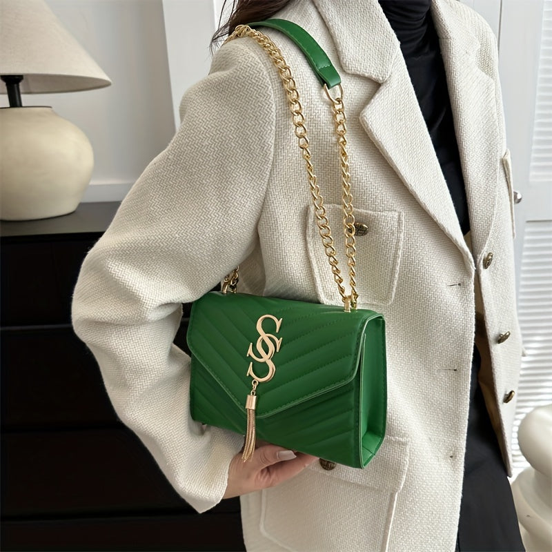 PU Chain Decorated V-Shaped Tassel Square Shoulder Bag