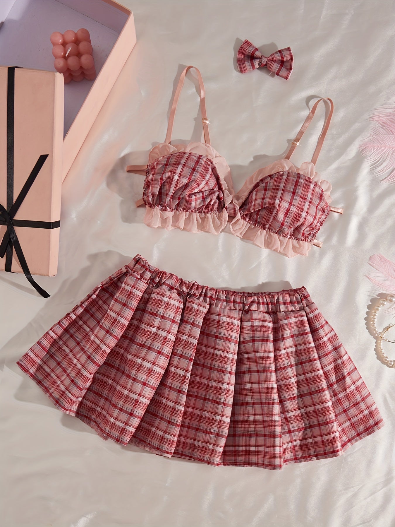 Plaid Bralette and Skirt Set with Bow Hair Clip Polyester Pleated Lingerie