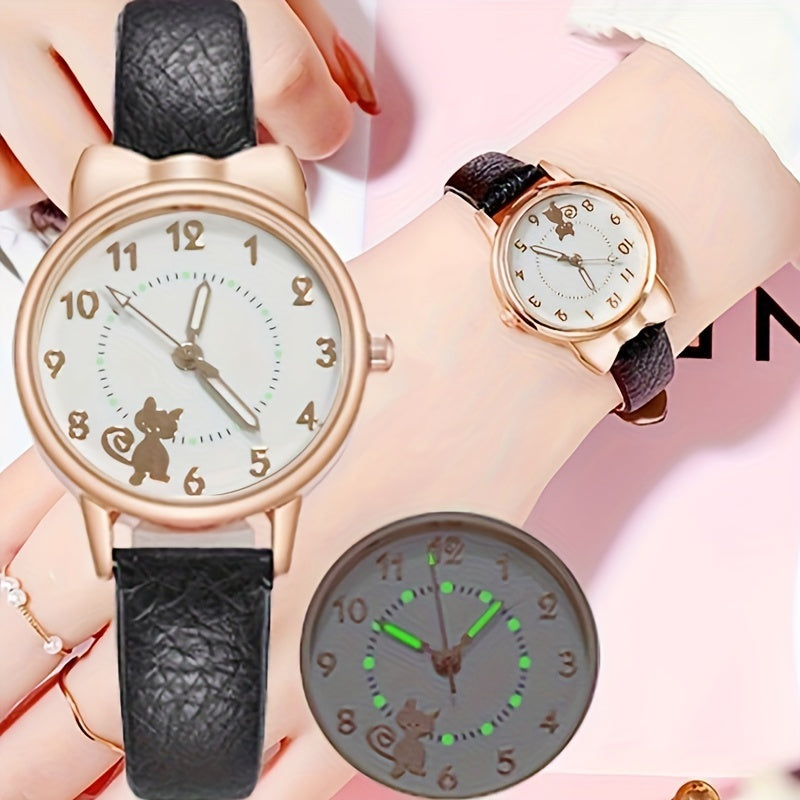 Женские и студенческие кварцевые часы с мультяшным котом, светящимся циферблатом и ремешком из PU-кожи