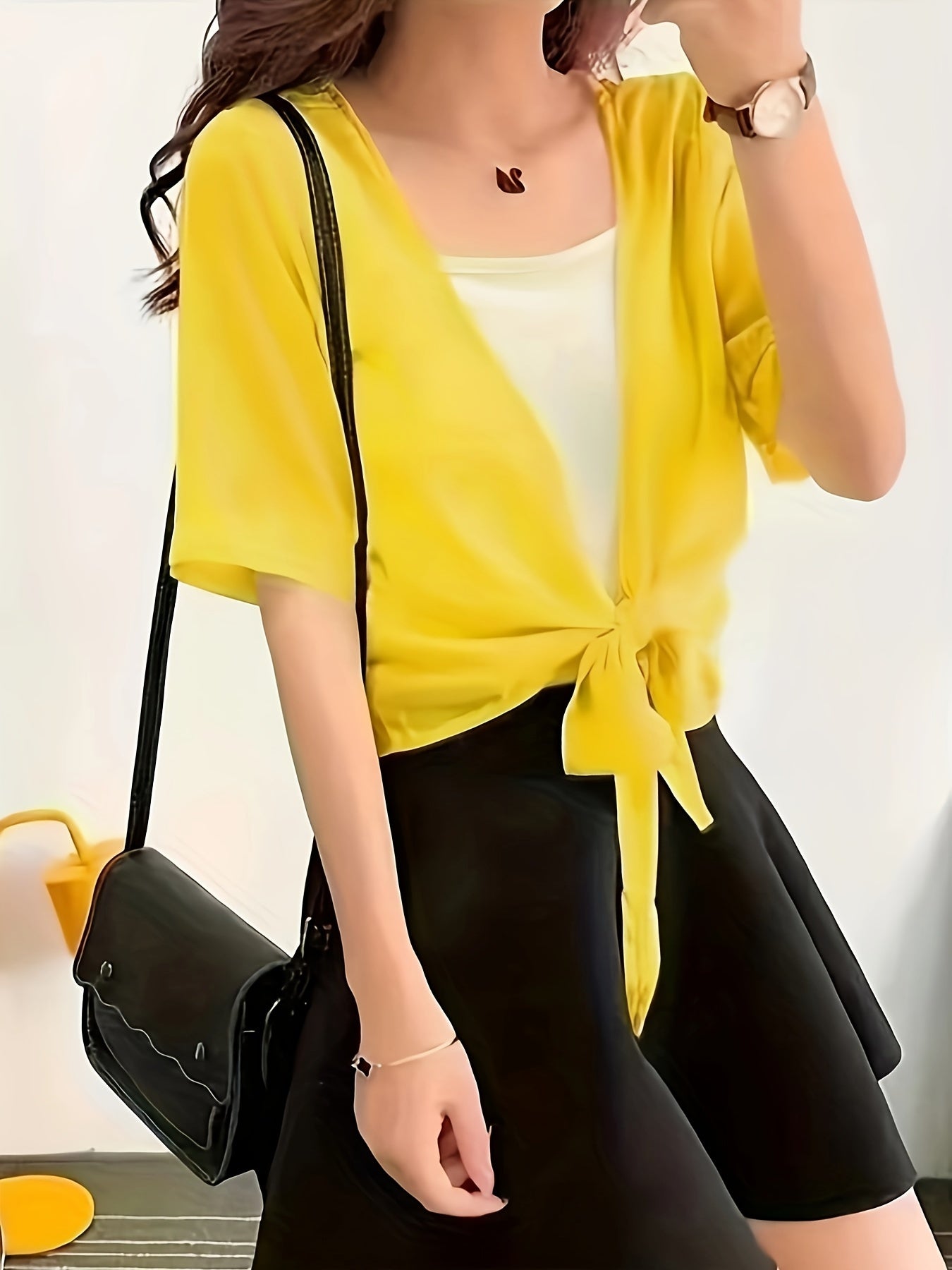 Plus Size Women's Semi-Sheer Tie-Front Blouse Vibrant Yellow Black Long Sleeve Top