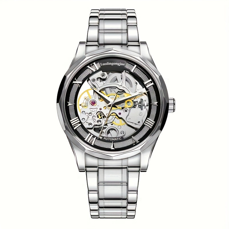 Men's Mechanical Watch Stainless Steel Strap Hollow Dial Casual Automatic Self-Winding