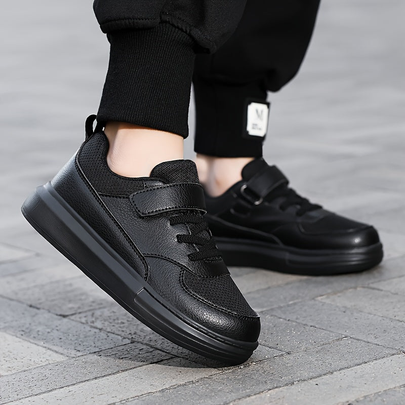 Kids Black Athletic Sneakers with Breathable Mesh and Hook-and-Loop Strap