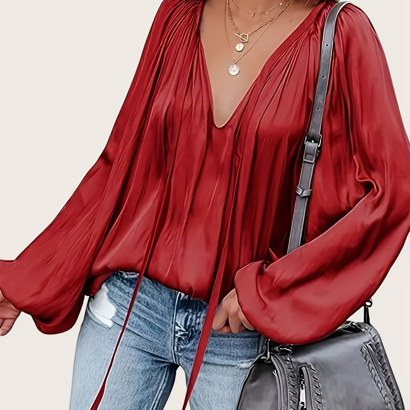 Women's Polyester V-Neck Blouse with Tie Neck and Lantern Sleeves