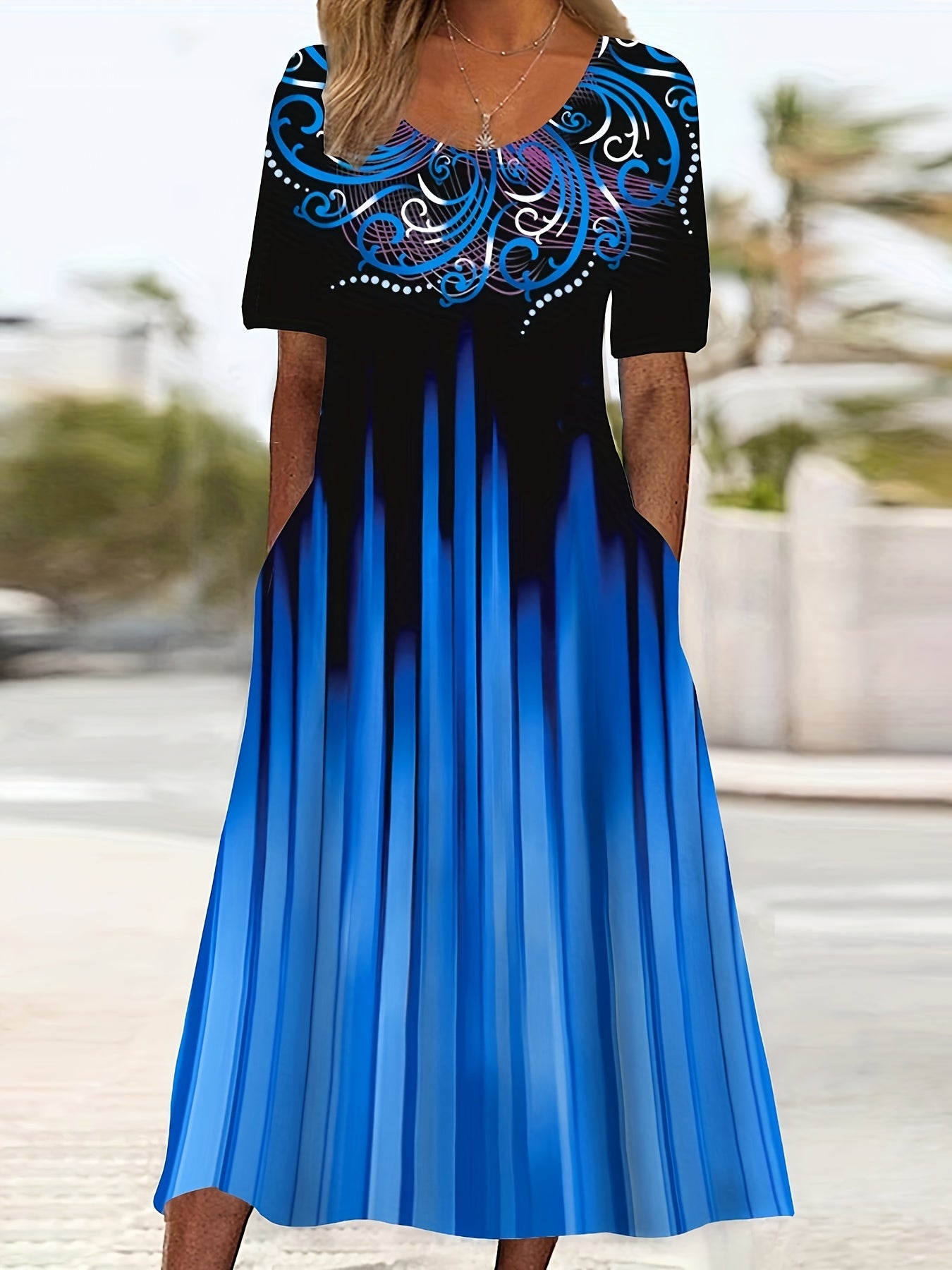 Plus Size Women's Maxi Dress with Pockets Floral Ombre Short Sleeve Crew Neck Stretchy Polyester