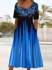 Plus Size Women's Maxi Dress with Pockets Floral Ombre Short Sleeve Crew Neck Stretchy Polyester