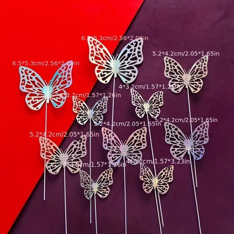 Set of 10 Gold and Silver Butterfly Cake Toppers Hollow Wall Stickers 3D Decorations