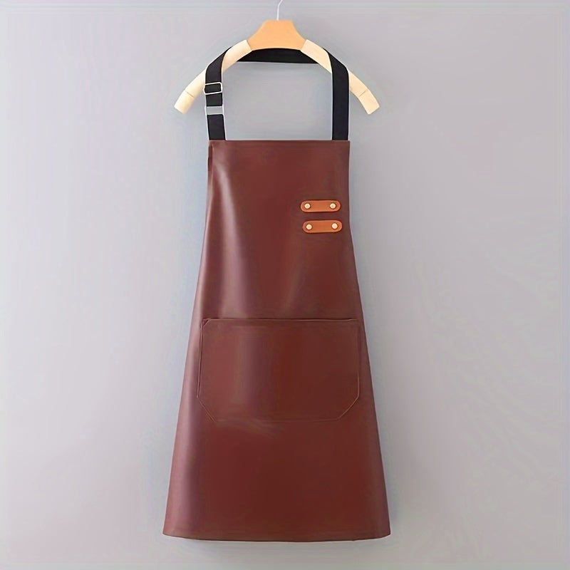 Faux Leather Polyester Apron Waterproof Oil-Proof Adjustable Neck Pocket for Cooking BBQ Barber Black Red