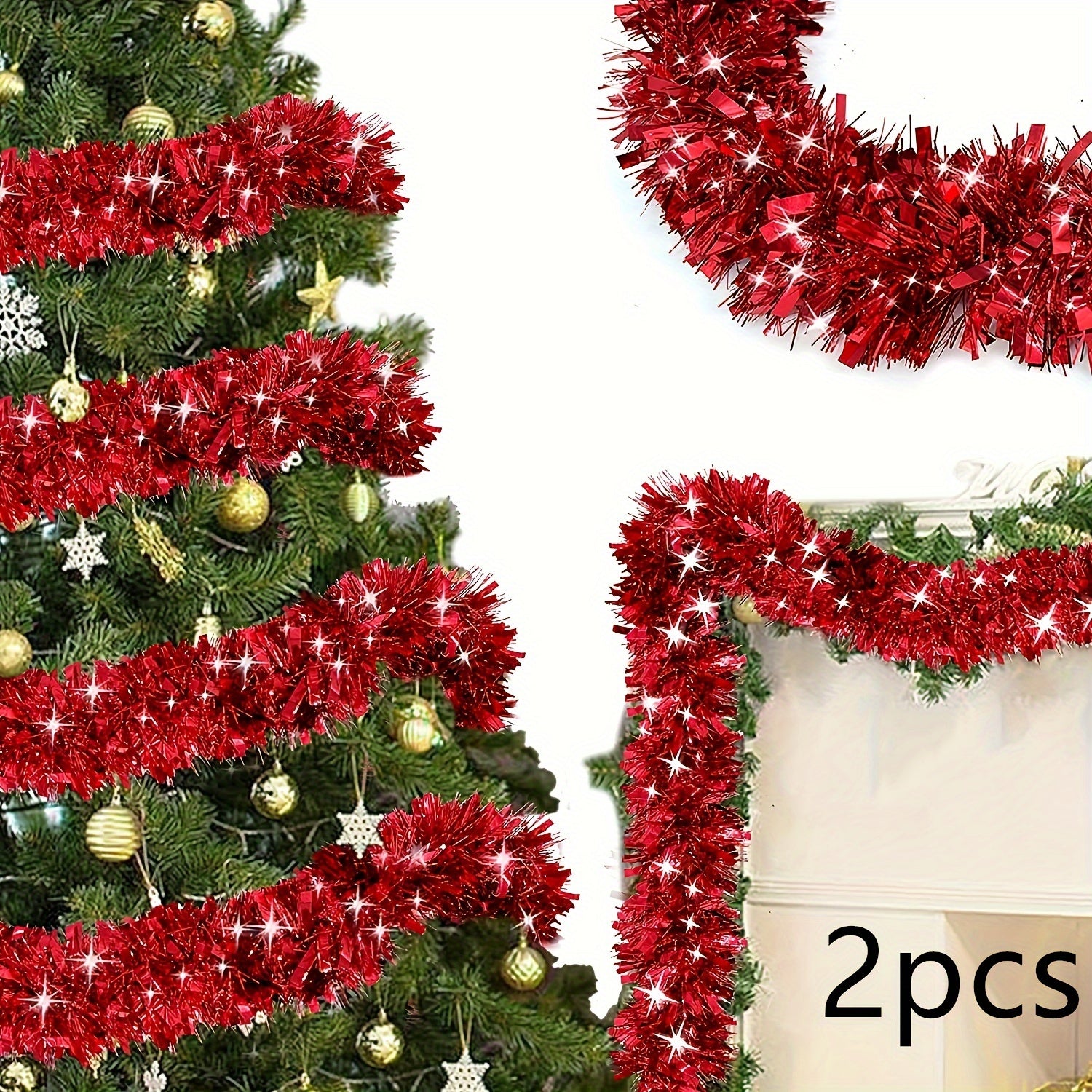 Paquete de 2 guirnaldas de plástico con tinsel para Navidad, decoración interior y exterior