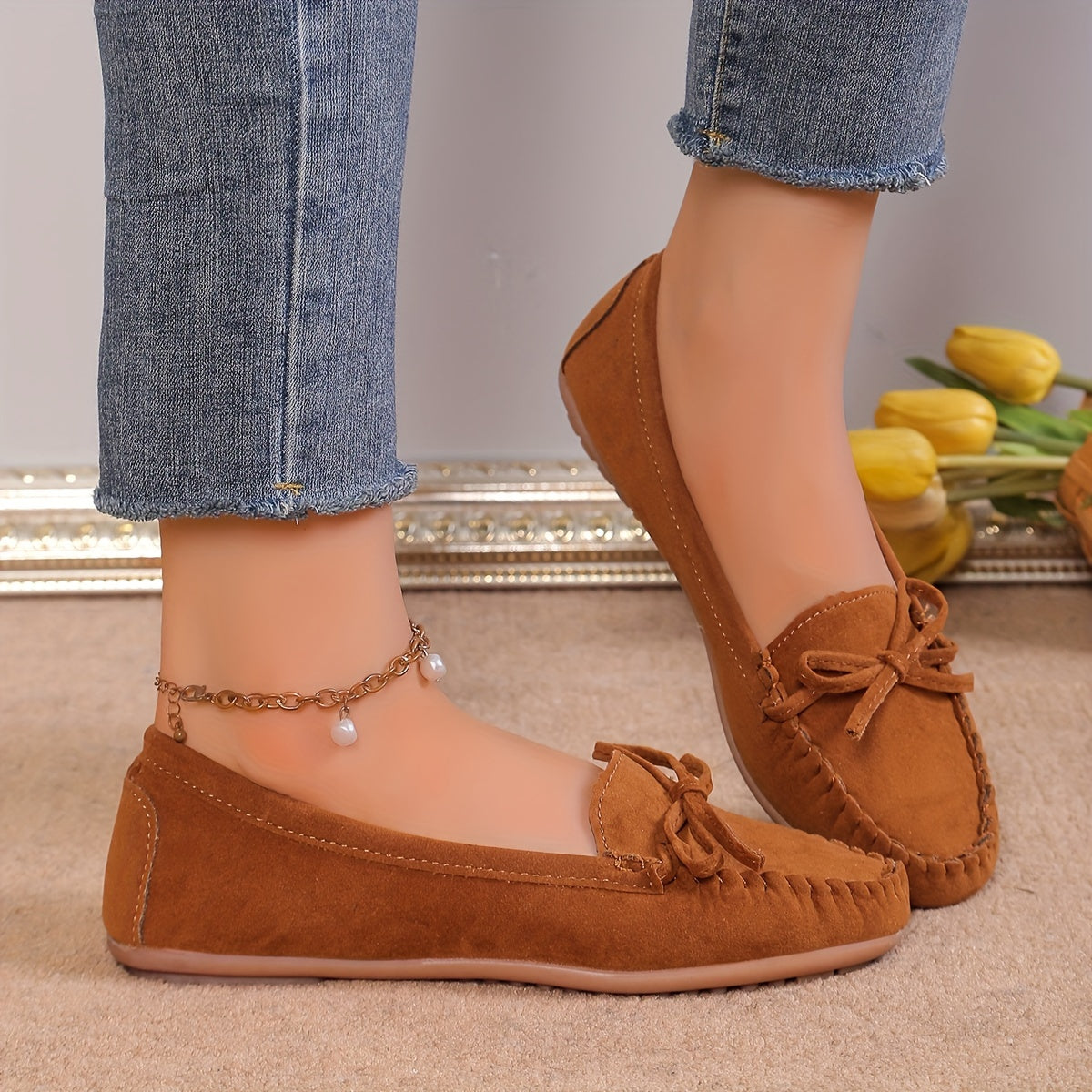 Women's Lightweight Slip-On Sneakers with Butterfly Knot, Rubber Outsole, Fleece Lining