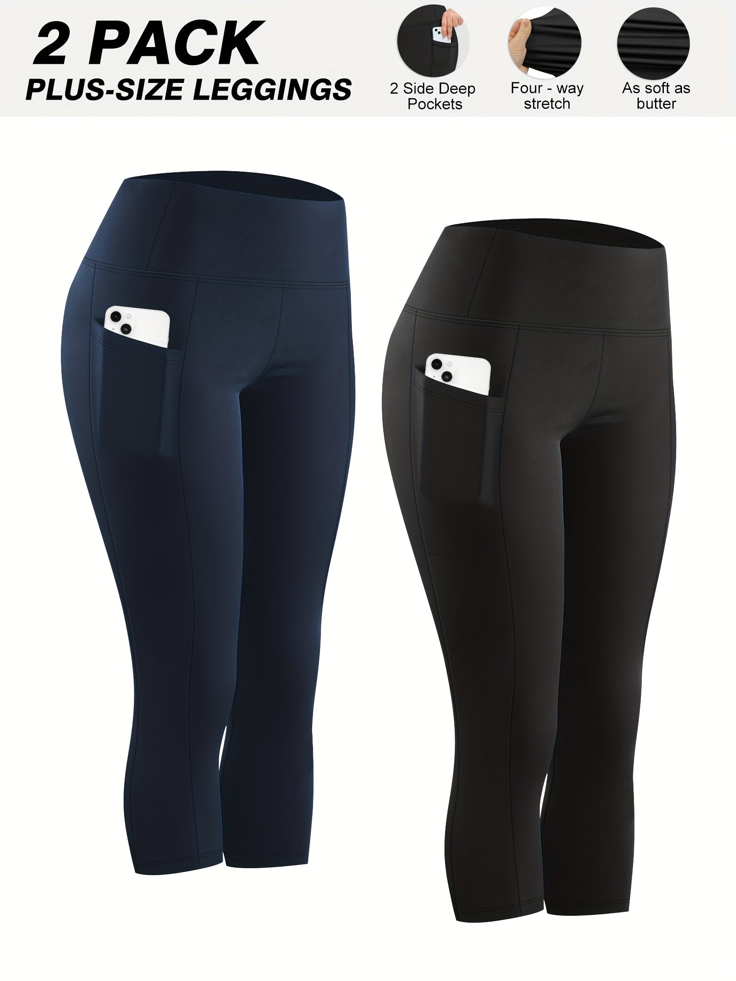 Plus Size 2-Pack High-Waisted Pocket Pants Beige Fitness Outdoor Comfortable