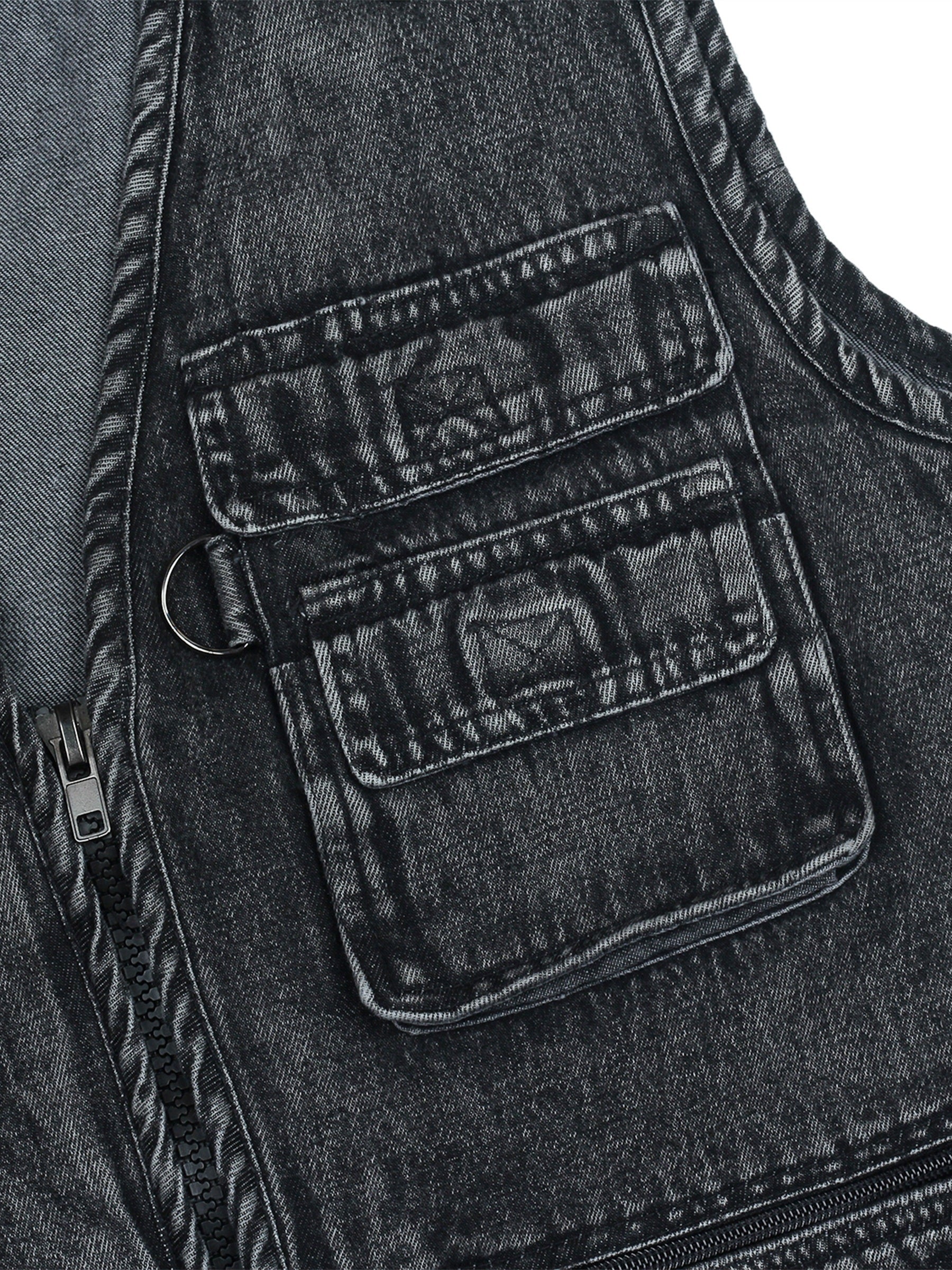Men's Black Denim Zip-Up Vest with Multiple Pockets for Outdoor Activities