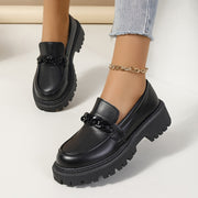 Women Vintage Loafers Black PU Slip-On Flat Shoes with Chain Detail
