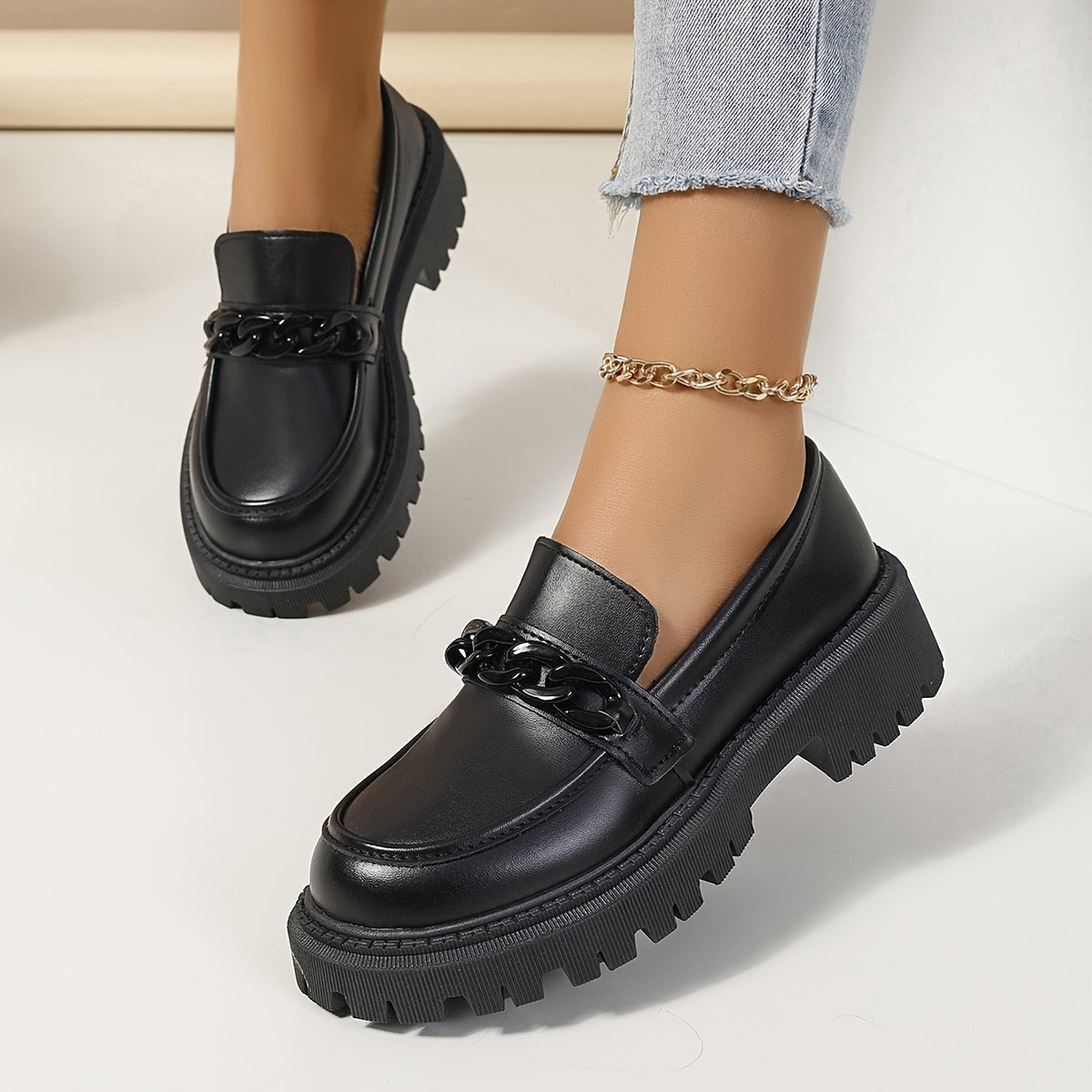Women Vintage Loafers Black PU Slip-On Flat Shoes with Chain Detail