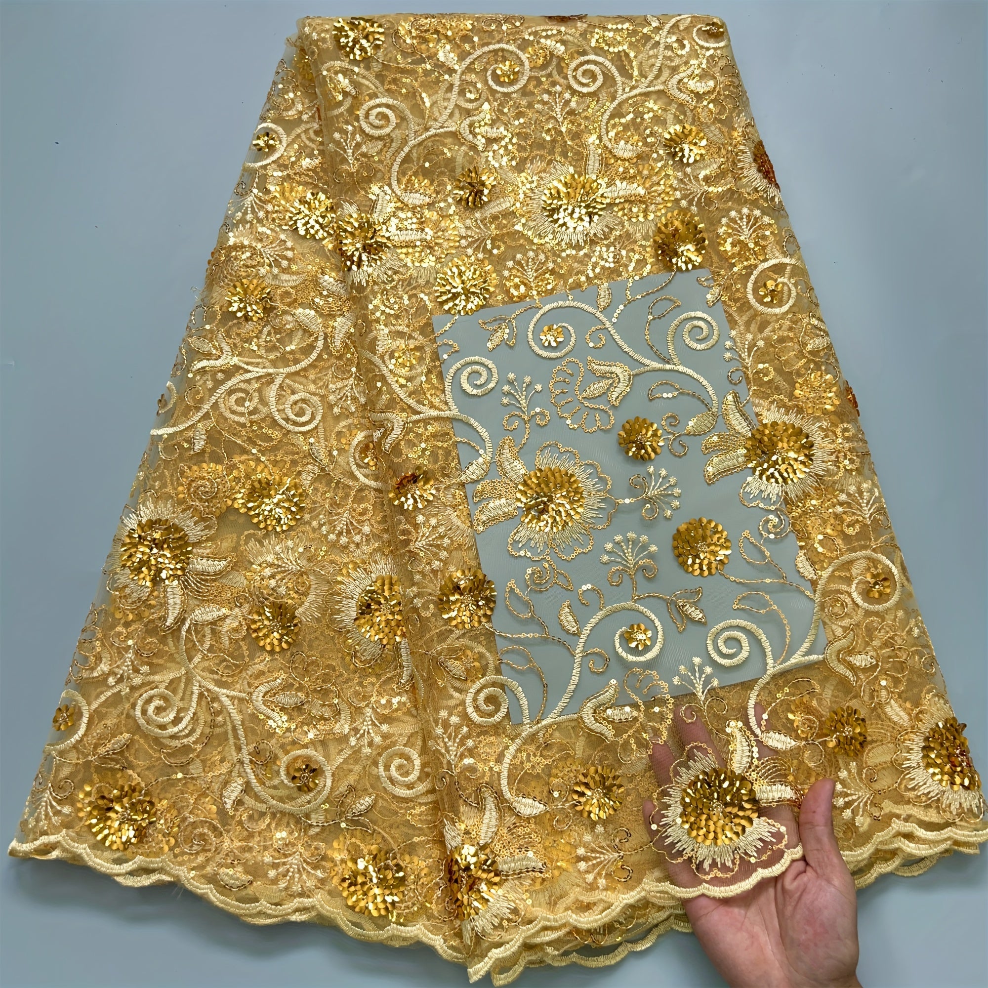 Floral Sequin Tulle Lace Fabric 4.57 Meters for Bridal Gowns Polyester Hand Wash