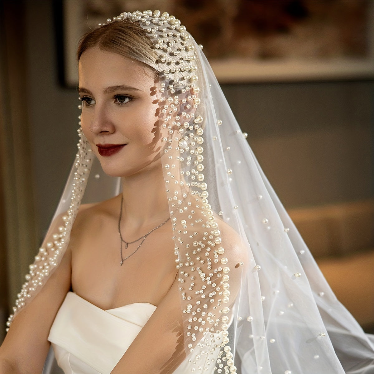 Princess Cathedral Wedding Veil with Faux Pearl Bridal Head Jewelry