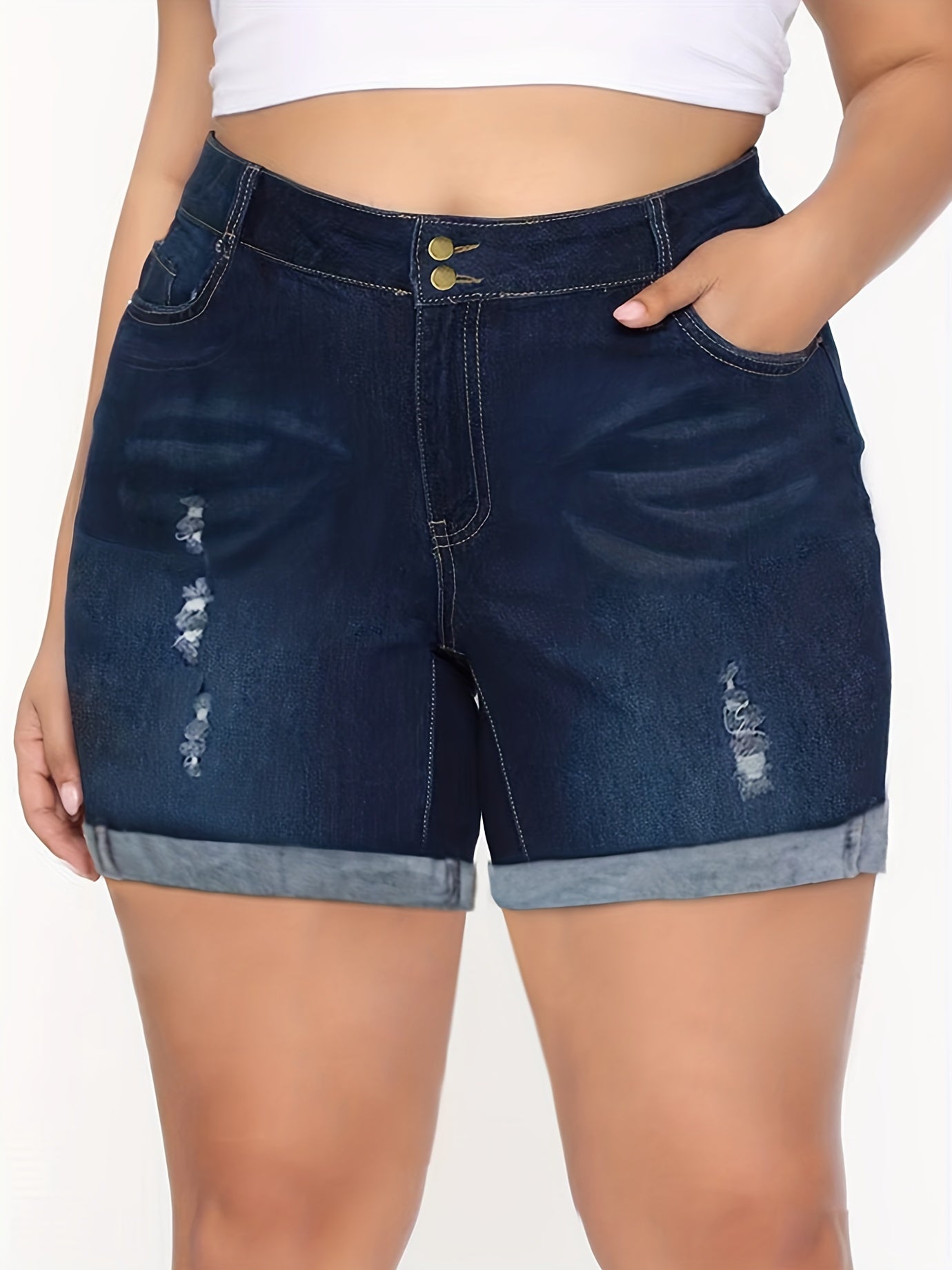 Plus Size Women's Denim Shorts Ripped Mid-Stretch CuffedSummer Casual