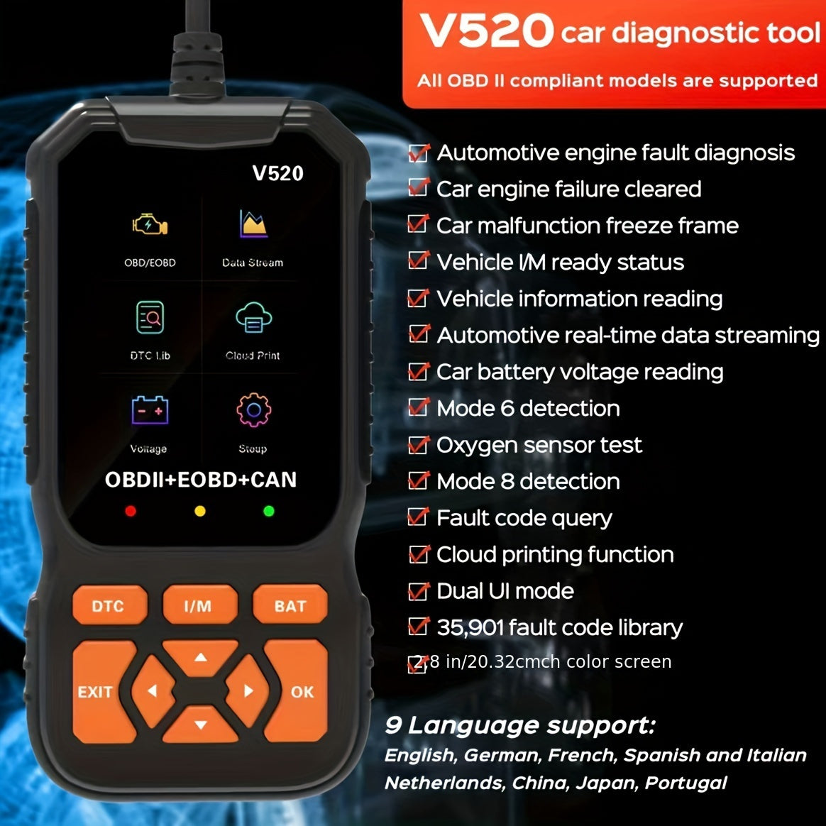 Professional OBD2 Scanner Check Engine Light Diagnostic Tool with Color Screen