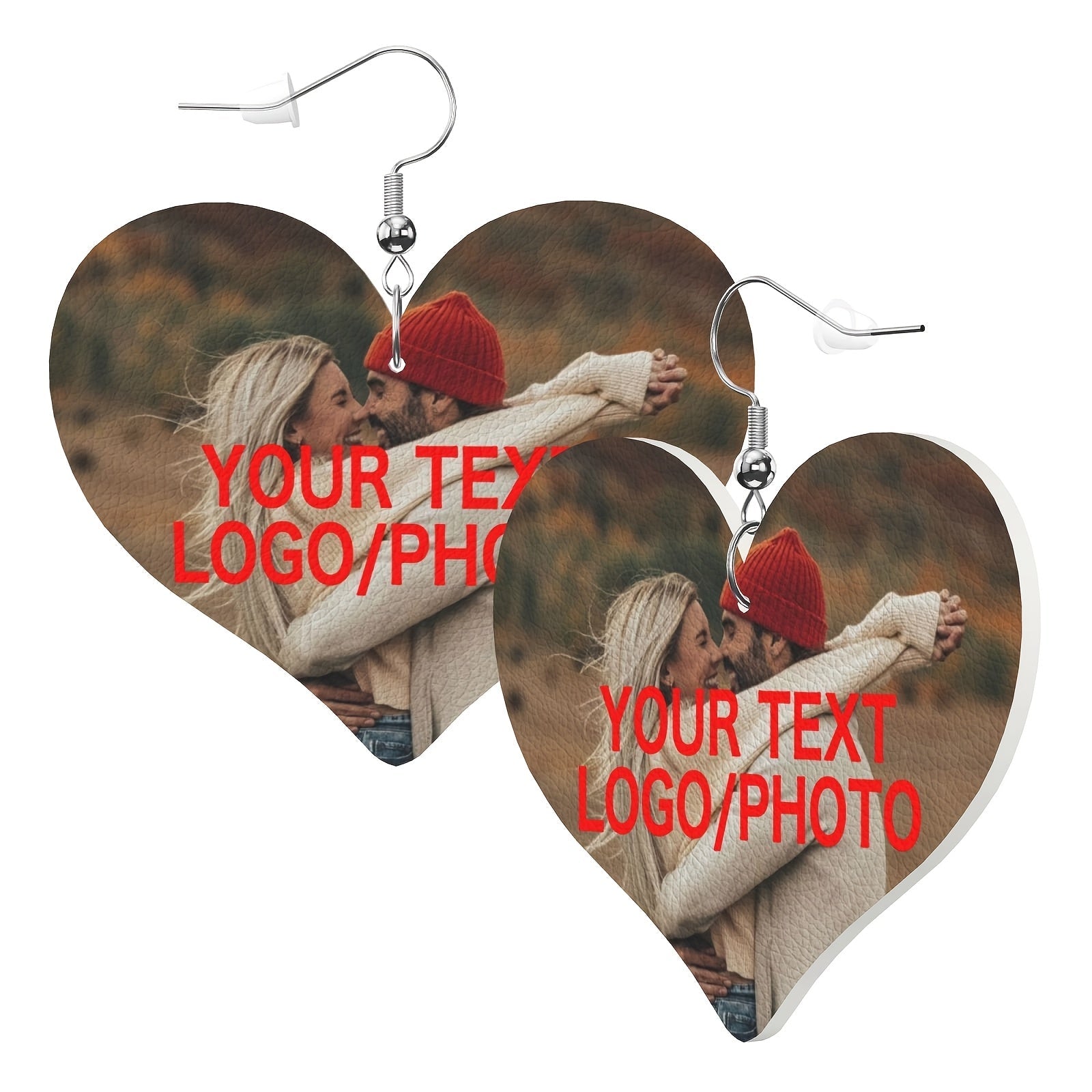 Personalized Heart-Shaped Leather Earrings with Custom Text or Photo Silver Plated Elegant Jewelry