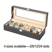 Leather Watch Storage Box with Glass Top for 1, 6, 12, or 24 Watches