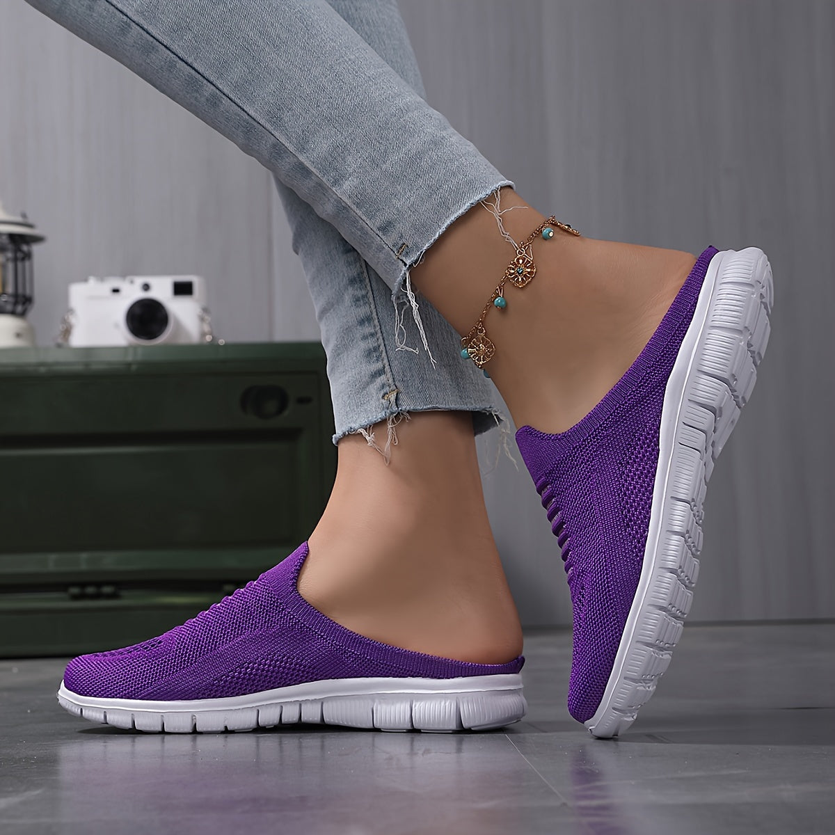 Women's Breathable Knit Mule Sneakers Casual Slip-On Lightweght Outdoor Shoes
