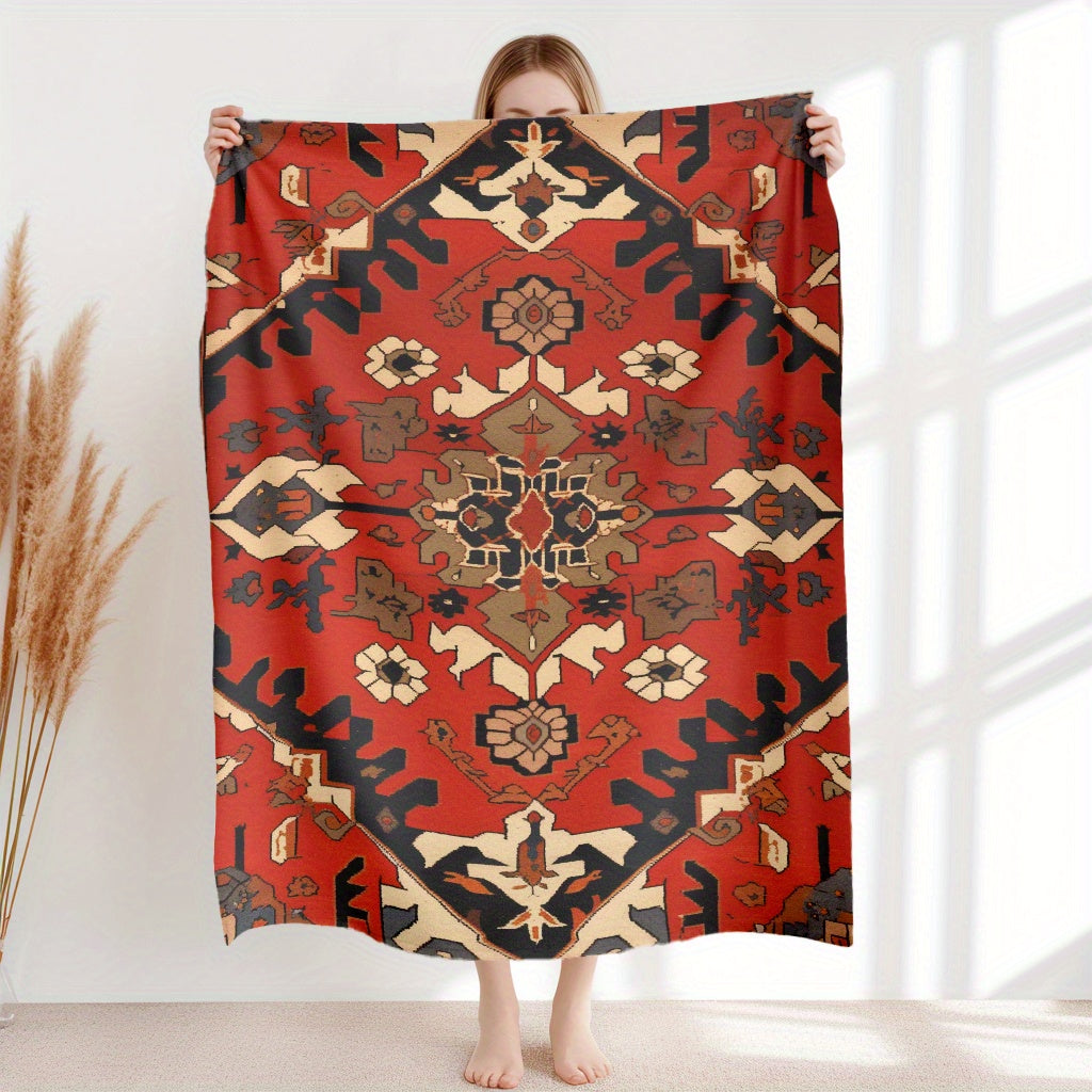 Red Ethnic Patterned Throw Blanket Soft Flannel Fleece for Home Office Travel